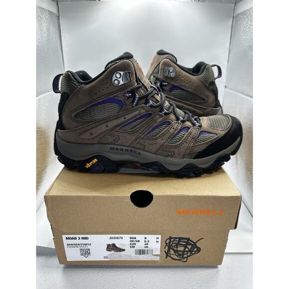 Merrell Moab 3 Mid Hiking Boot Women’s Size 9 Brown Bracken Purple Vibram Shoe - Picture 1 of 7